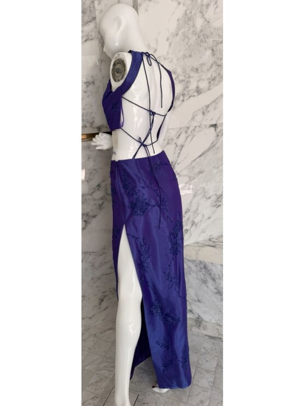Vintage Alyce Designs Size 6 Purple Beaded 2 Piece Crop Top Maxi Skirt Y2K